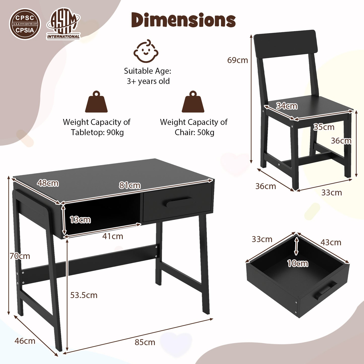 Wooden Children Study Table and Chair Set with Storage Drawer and Hutch-Black