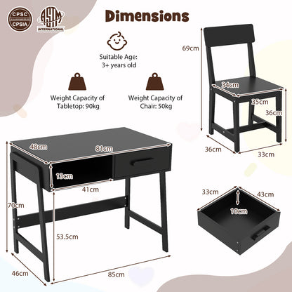 Wooden Children Study Table and Chair Set with Storage Drawer and Hutch-Black
