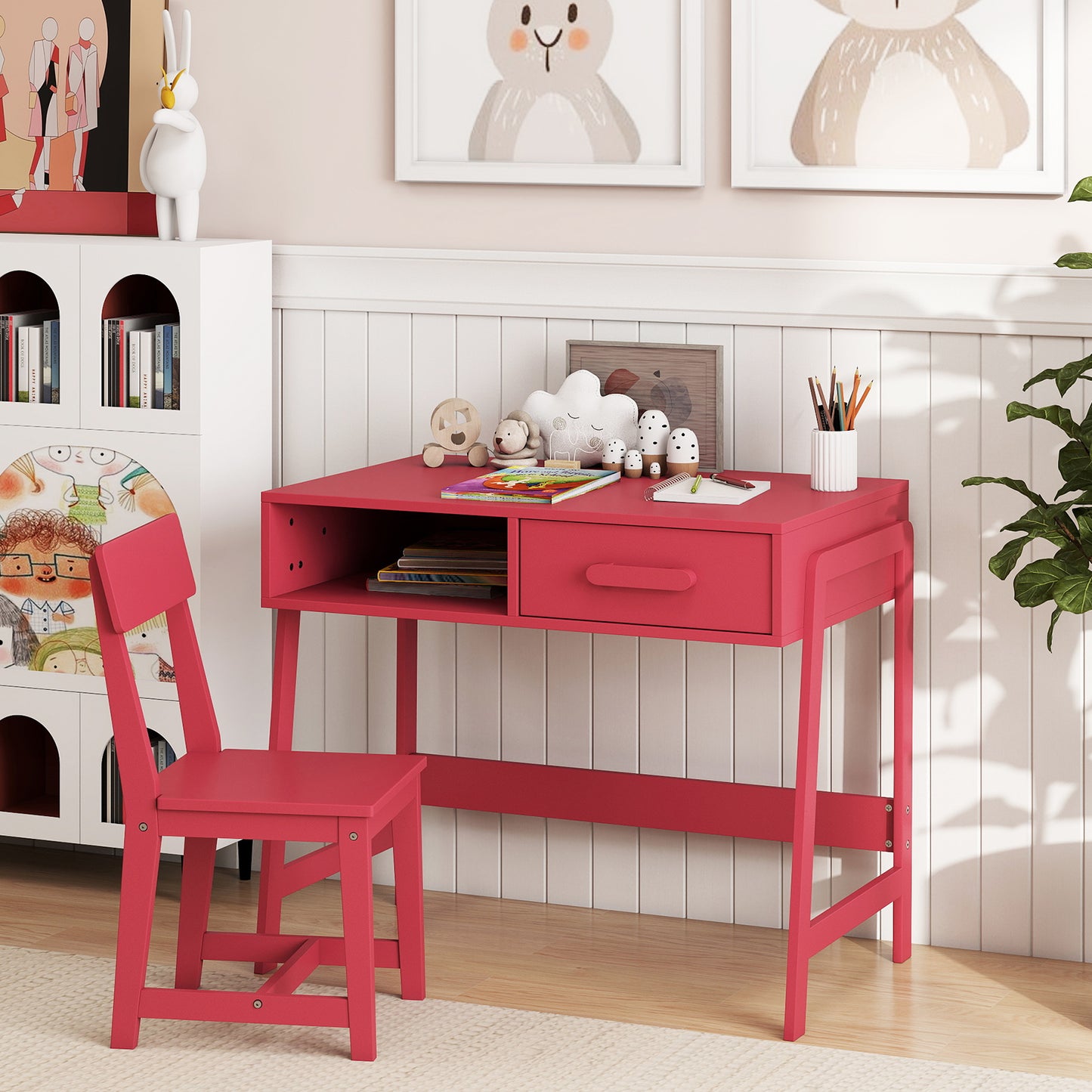 Wooden Children Study Table and Chair Set with Storage Drawer and Hutch-Pink