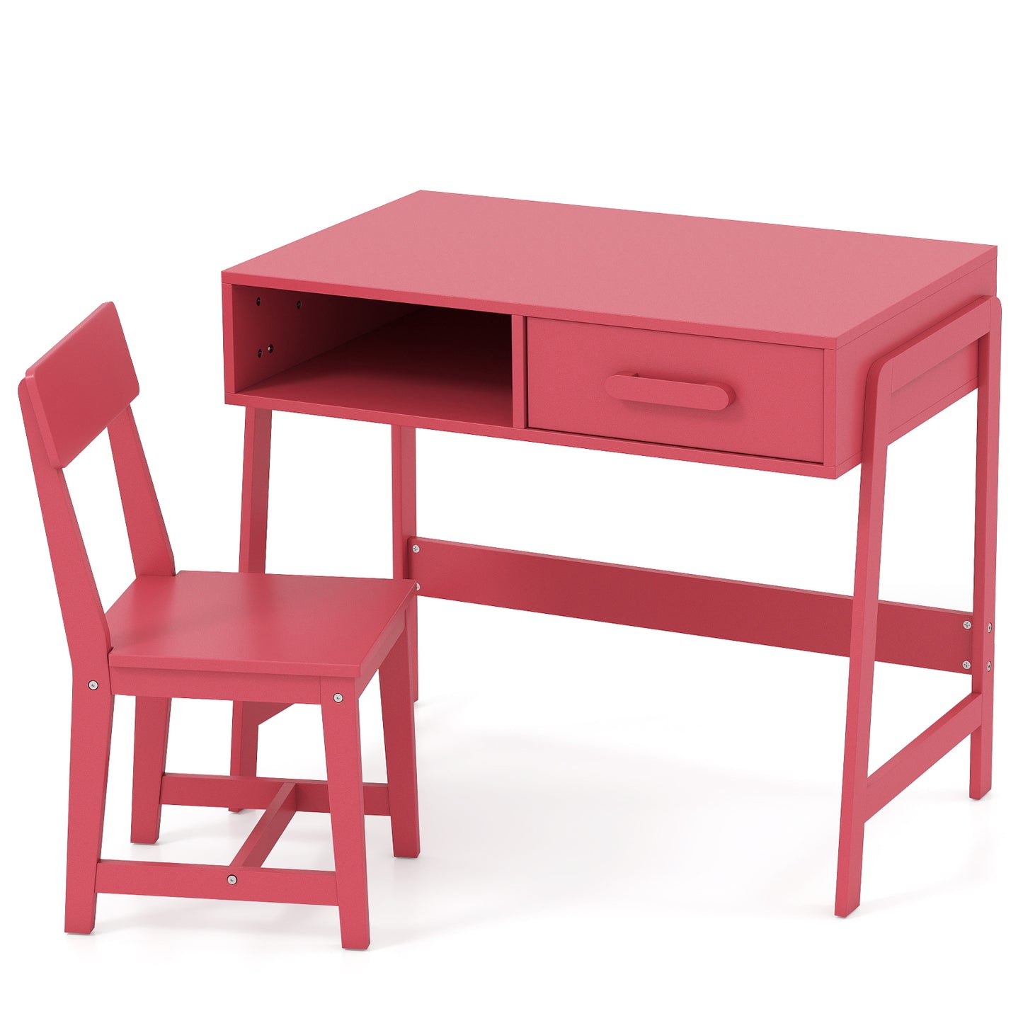 Wooden Children Study Table and Chair Set with Storage Drawer and Hutch-Pink