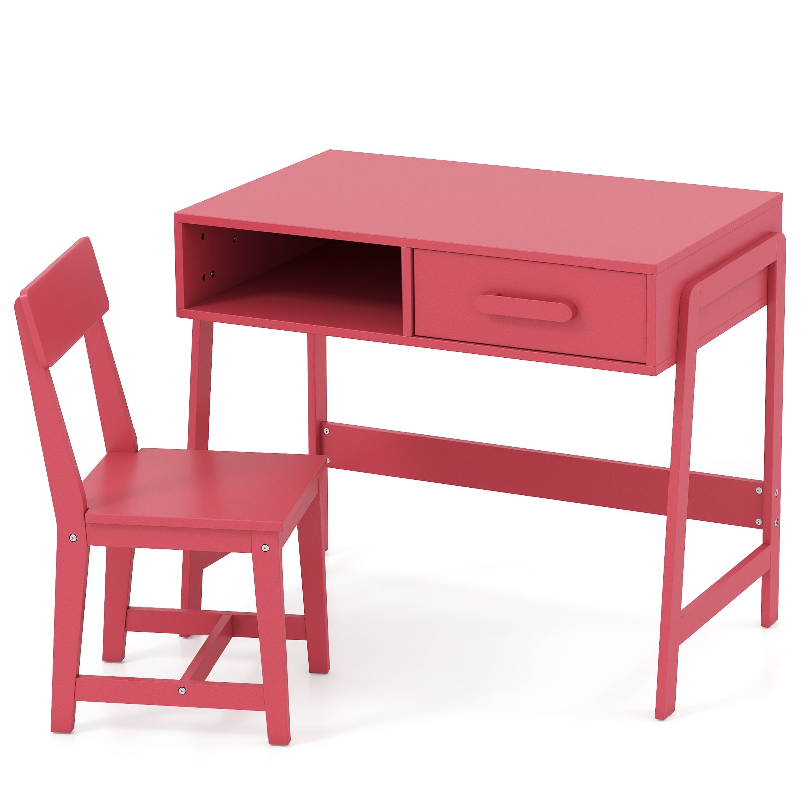 Wooden Children Study Table and Chair Set with Storage Drawer and Hutch-Pink