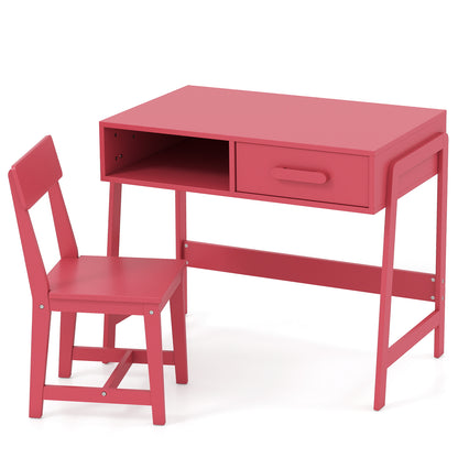 Wooden Children Study Table and Chair Set with Storage Drawer and Hutch-Pink