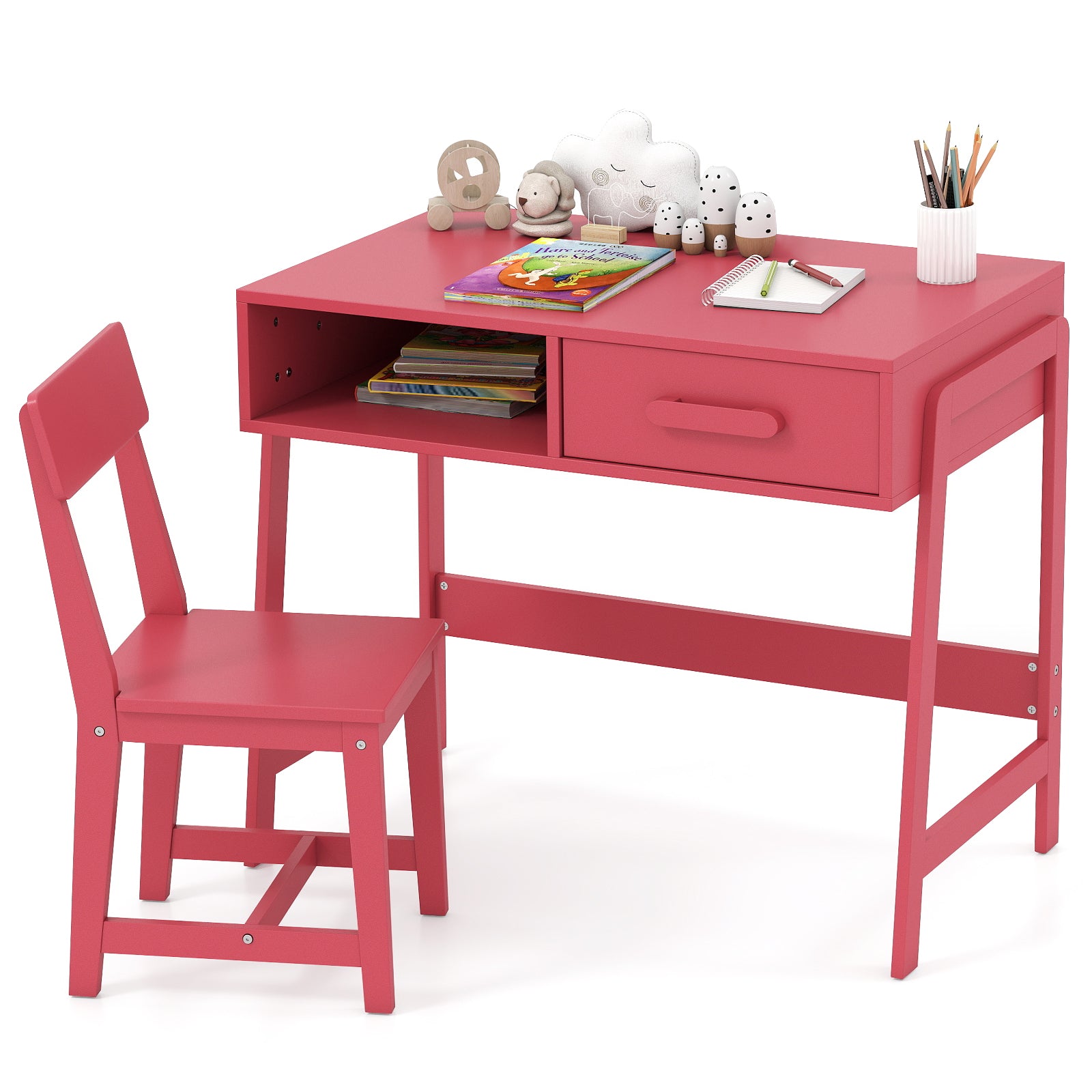 Wooden Children Study Table and Chair Set with Storage Drawer and Hutch-Pink