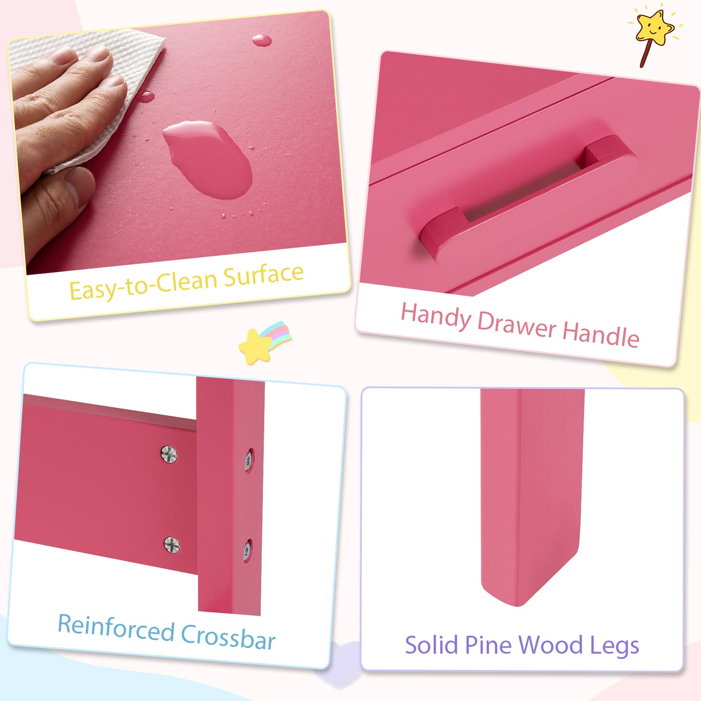 Wooden Children Study Table and Chair Set with Storage Drawer and Hutch-Pink