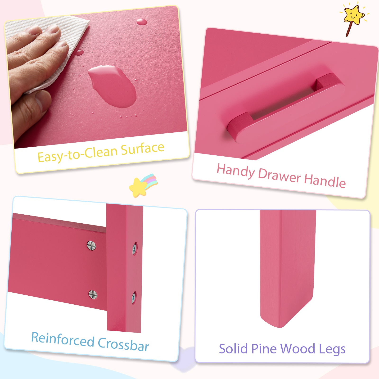 Wooden Children Study Table and Chair Set with Storage Drawer and Hutch-Pink