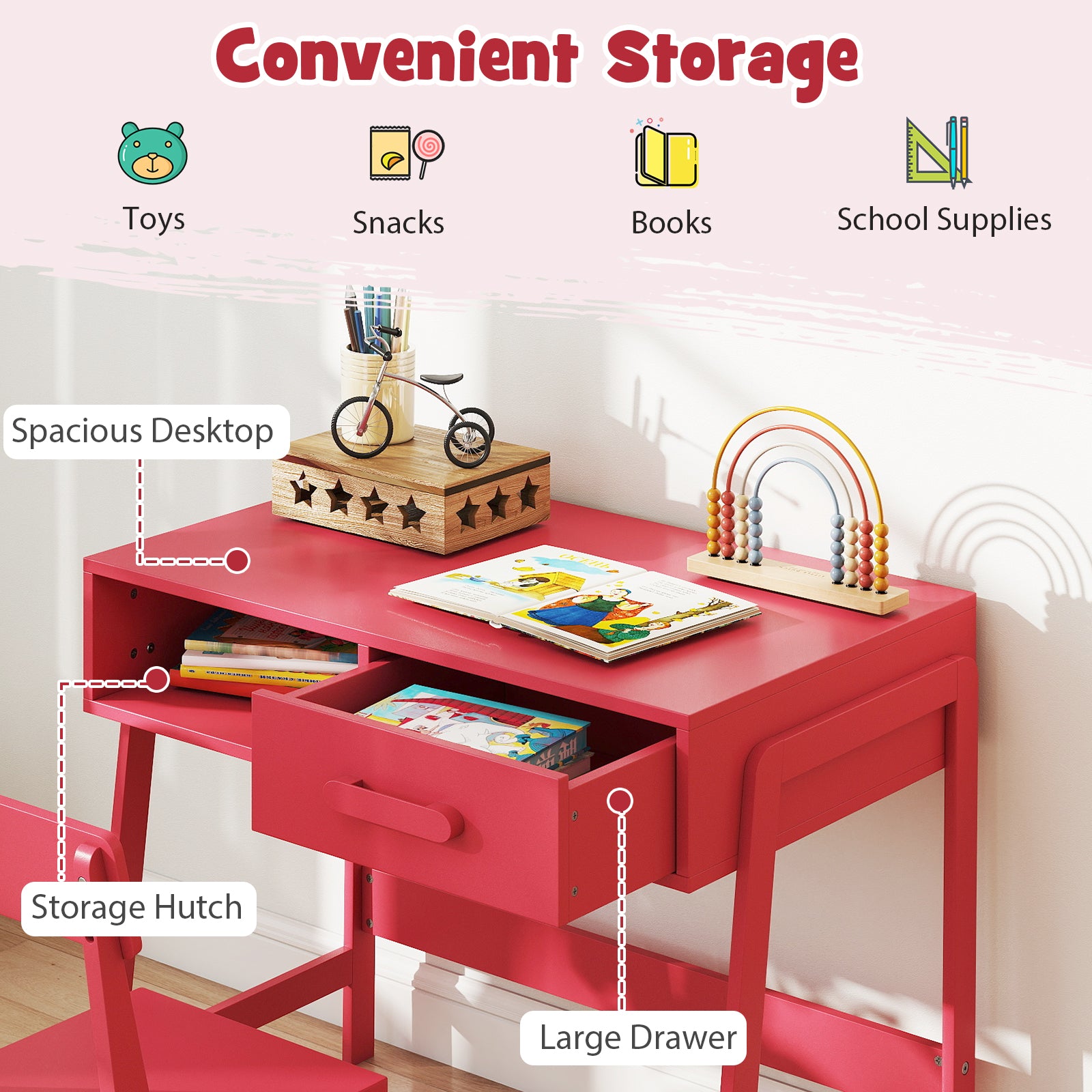 Wooden Children Study Table and Chair Set with Storage Drawer and Hutch-Pink