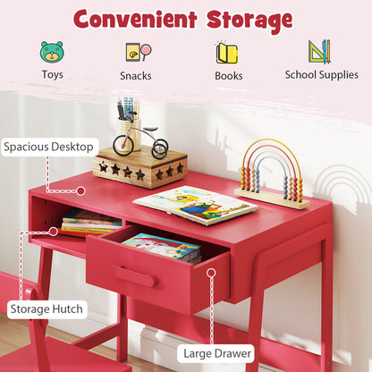 Wooden Children Study Table and Chair Set with Storage Drawer and Hutch-Pink