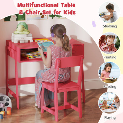 Wooden Children Study Table and Chair Set with Storage Drawer and Hutch-Pink