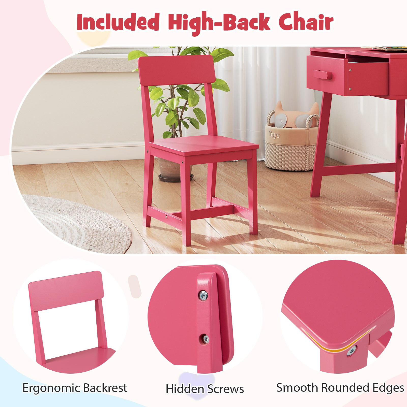 Wooden Children Study Table and Chair Set with Storage Drawer and Hutch-Pink