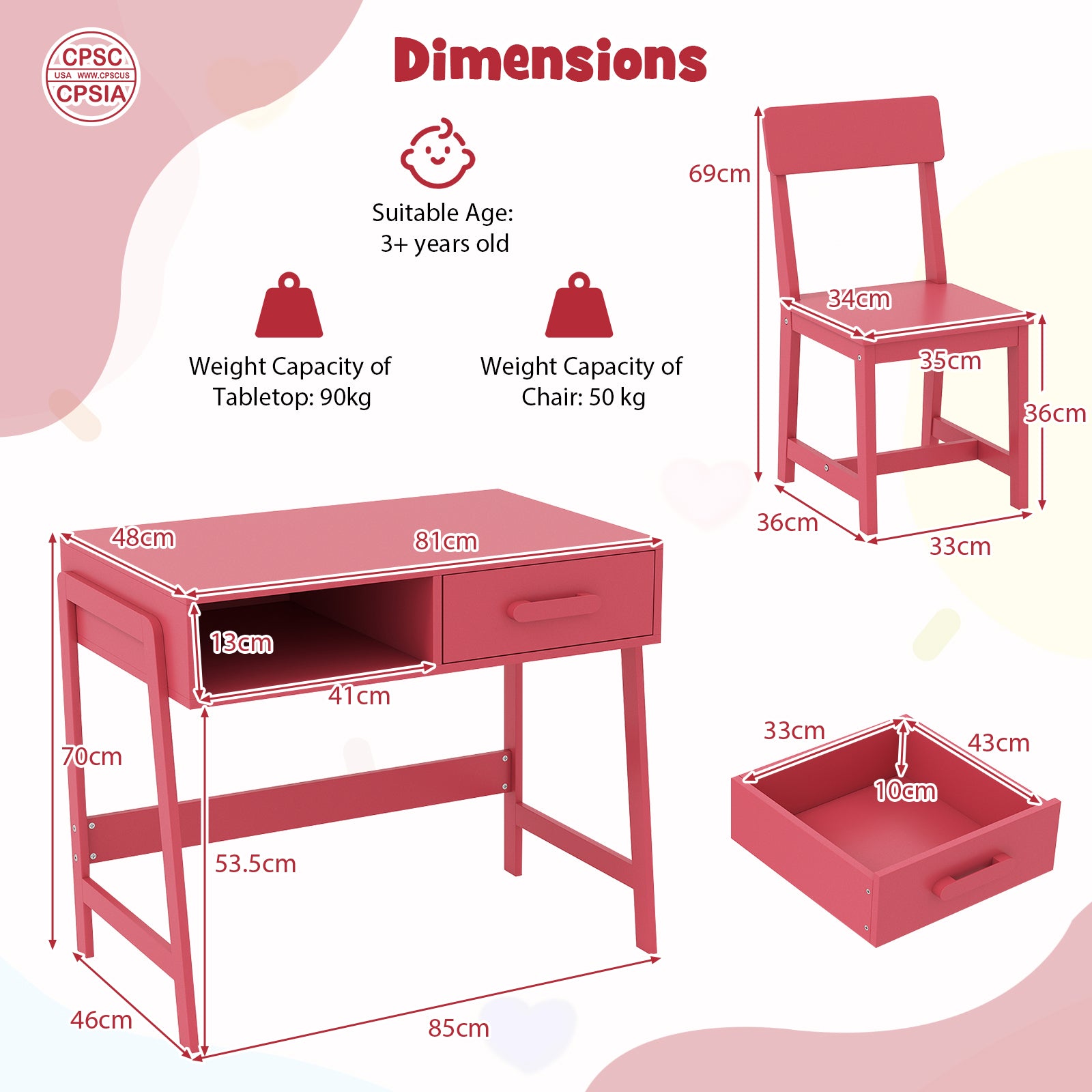 Wooden Children Study Table and Chair Set with Storage Drawer and Hutch-Pink
