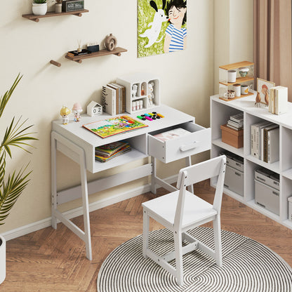 Wooden Children Study Table and Chair Set with Storage Drawer and Hutch-White
