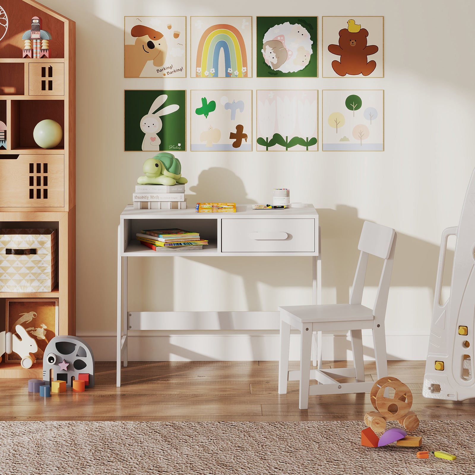 Wooden Children Study Table and Chair Set with Storage Drawer and Hutch-White