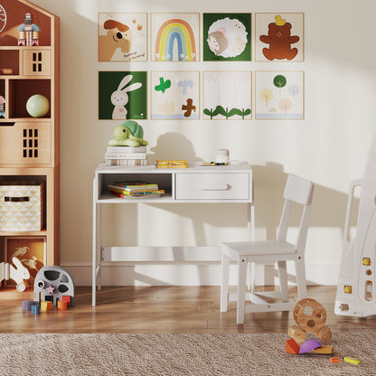 Wooden Children Study Table and Chair Set with Storage Drawer and Hutch-White