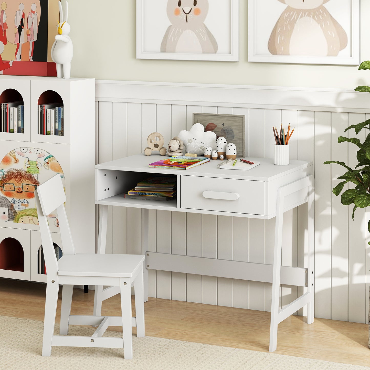 Wooden Children Study Table and Chair Set with Storage Drawer and Hutch-White