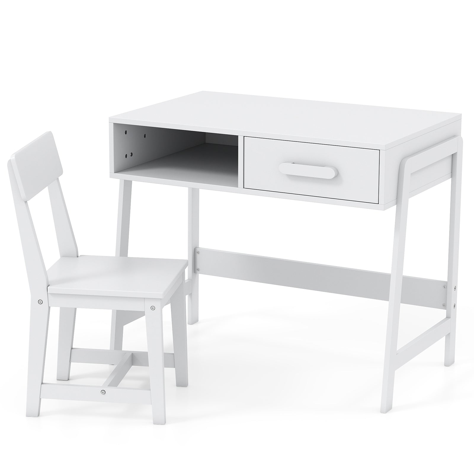 Wooden Children Study Table and Chair Set with Storage Drawer and Hutch-White