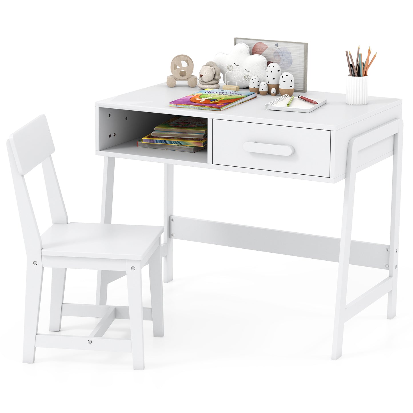 Wooden Children Study Table and Chair Set with Storage Drawer and Hutch-White