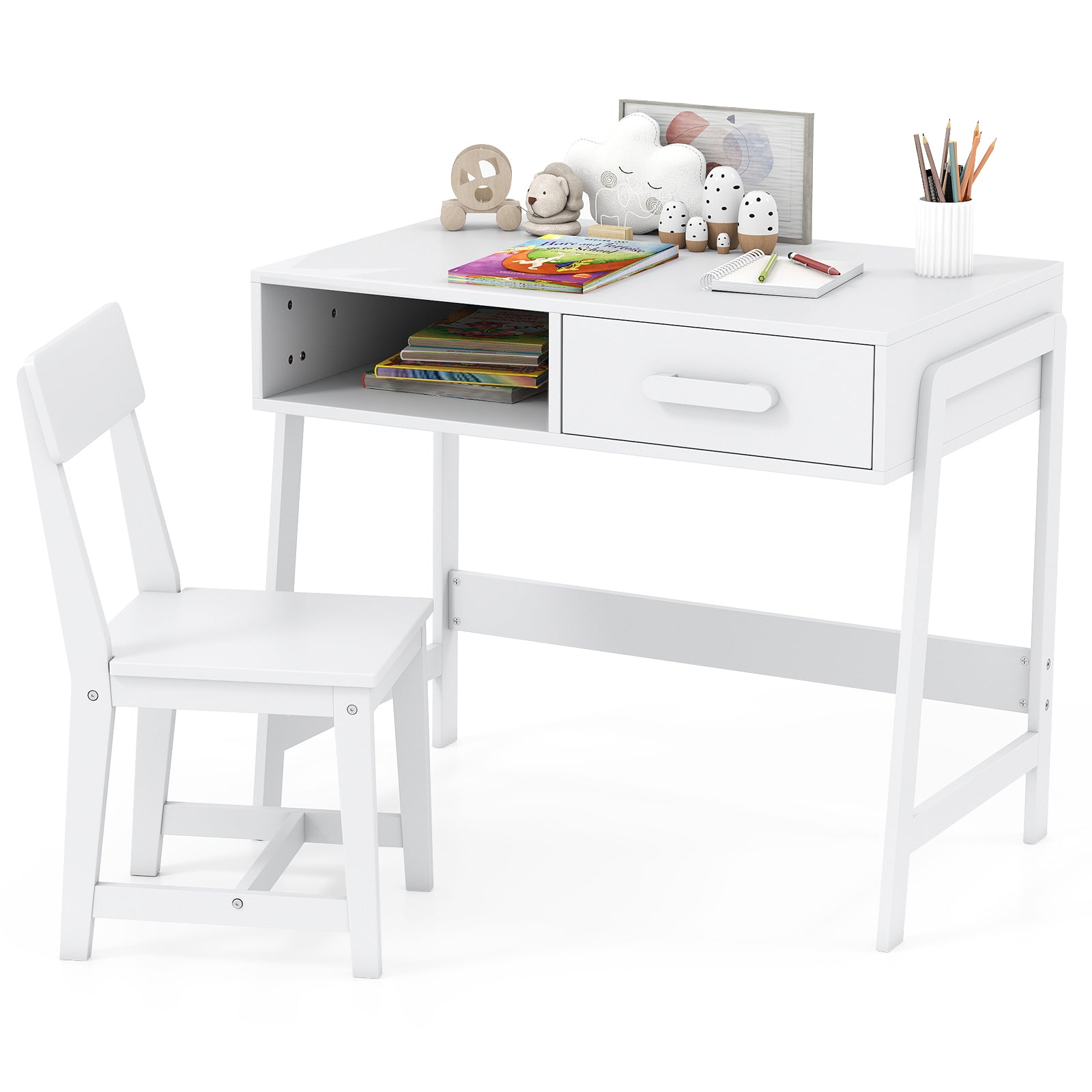 Wooden Children Study Table and Chair Set with Storage Drawer and Hutch-White