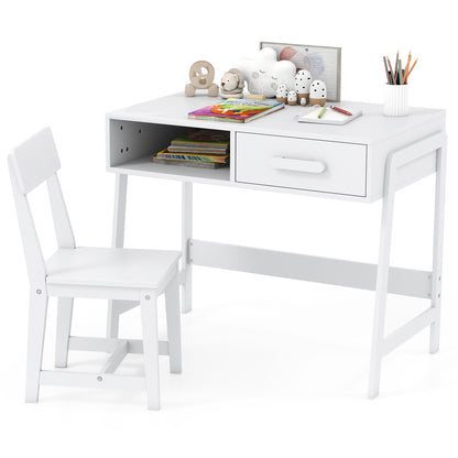 Wooden Children Study Table and Chair Set with Storage Drawer and Hutch-White