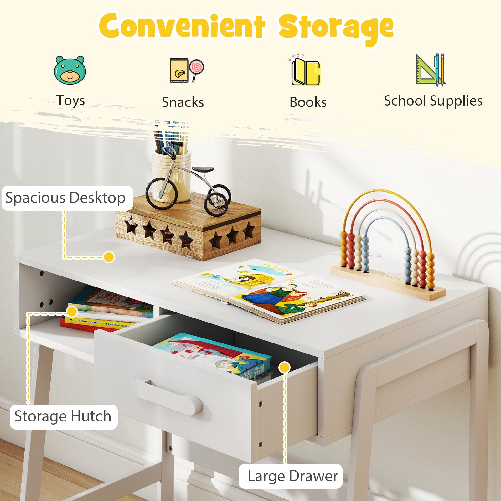Wooden Children Study Table and Chair Set with Storage Drawer and Hutch-White