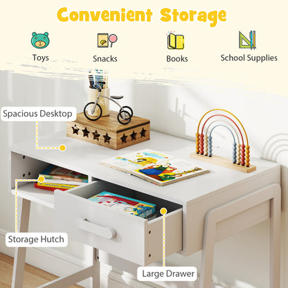 Wooden Children Study Table and Chair Set with Storage Drawer and Hutch-White