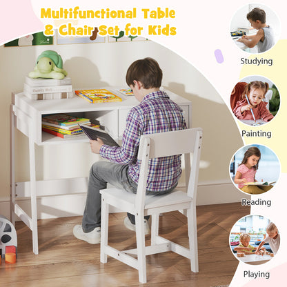Wooden Children Study Table and Chair Set with Storage Drawer and Hutch-White