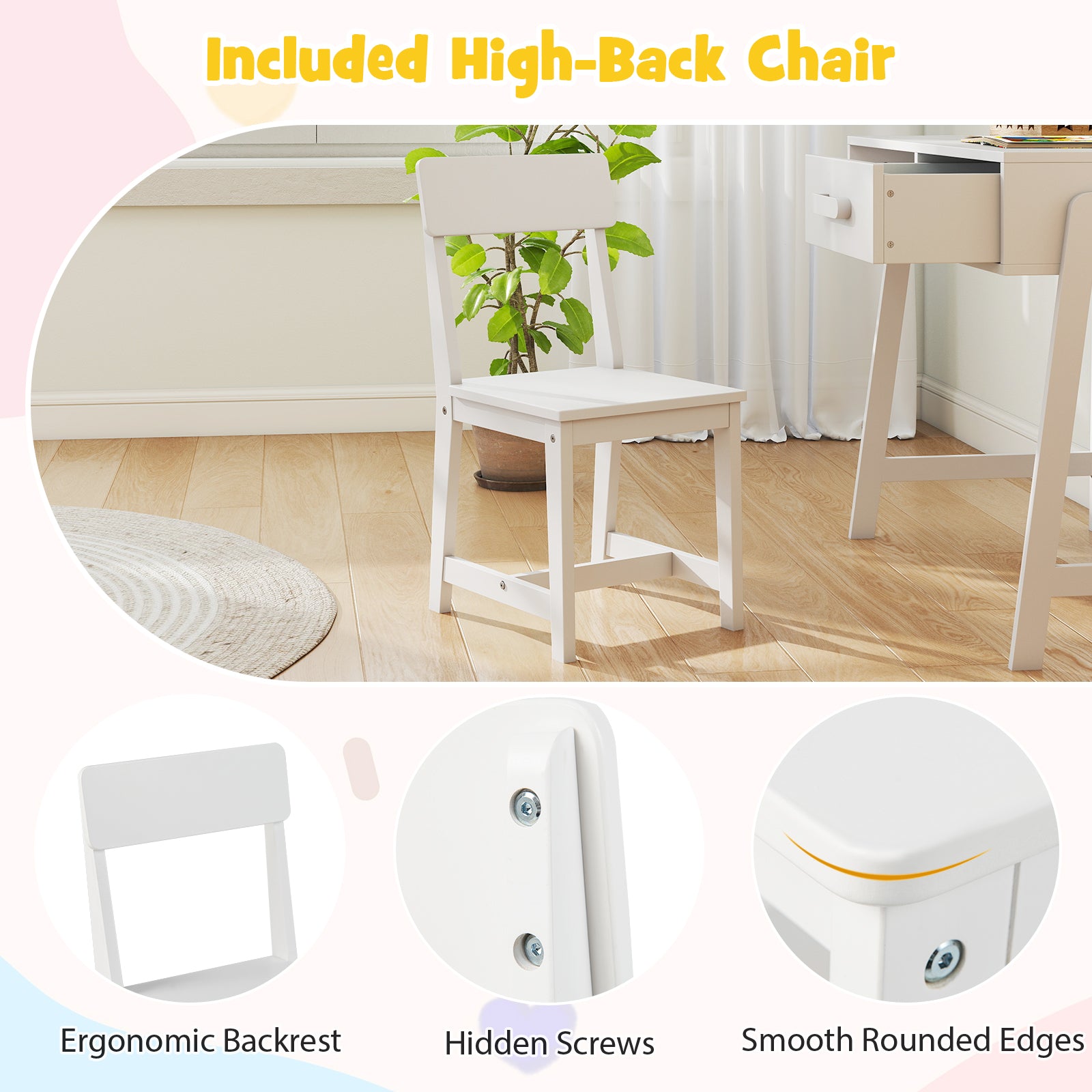 Wooden Children Study Table and Chair Set with Storage Drawer and Hutch-White