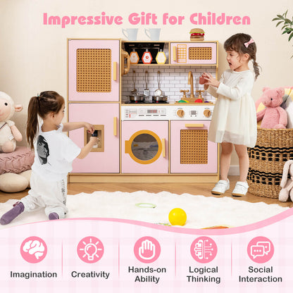 Wooden Kids Kitchen Playset with Sounds and Stove and Accessories-Pink
