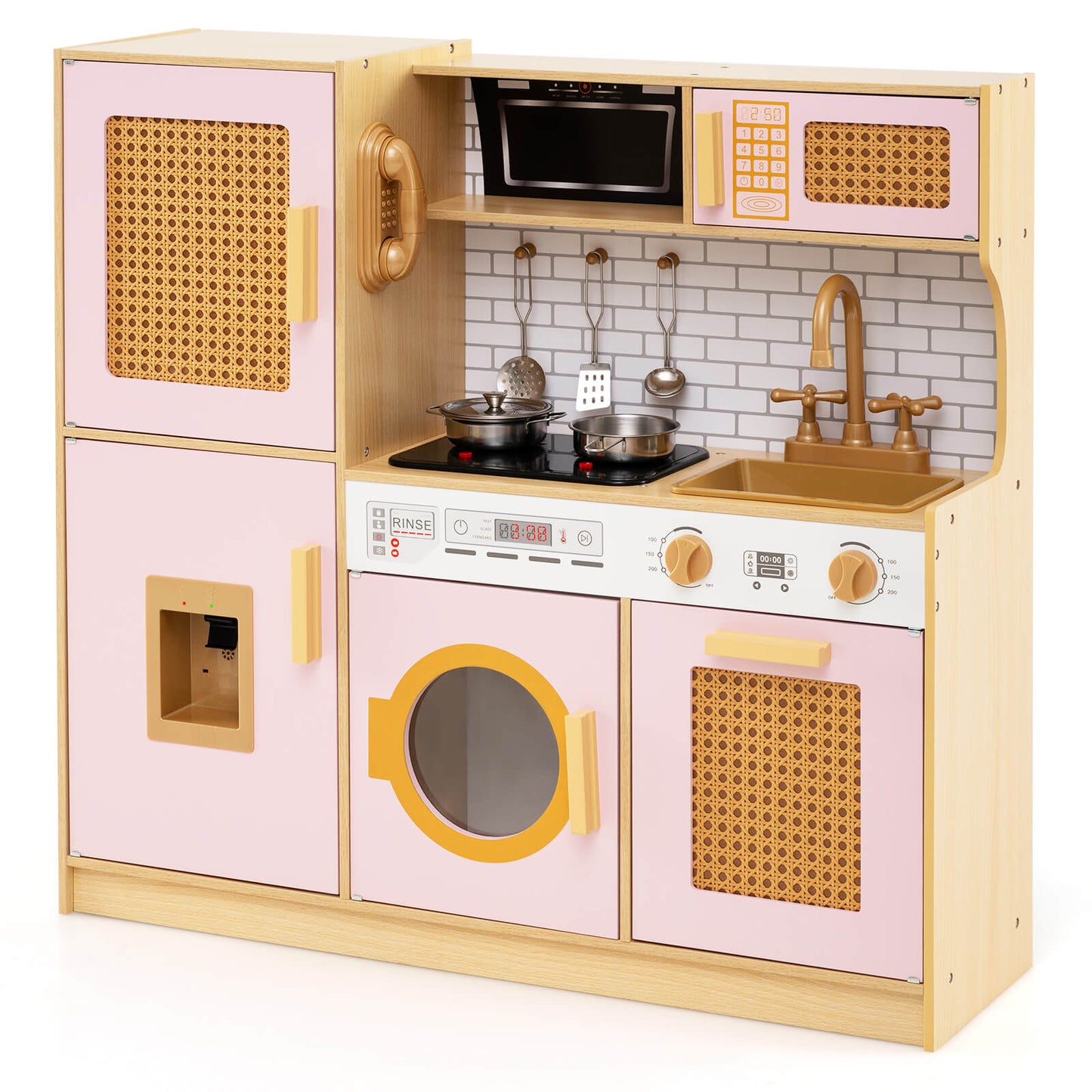 Wooden Kids Kitchen Playset with Sounds and Stove and Accessories-Pink