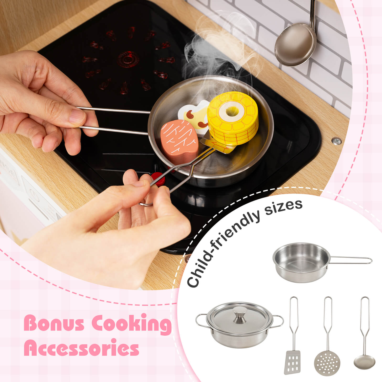 Wooden Kids Kitchen Playset with Sounds and Stove and Accessories-Pink