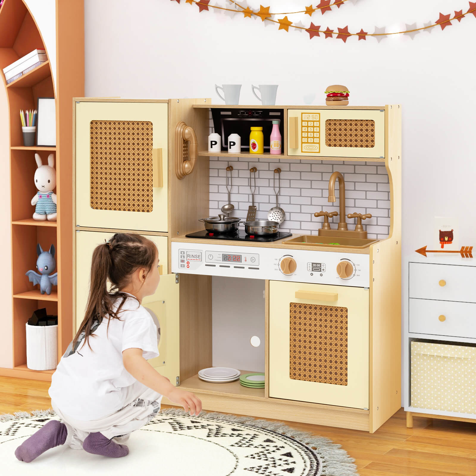 Wooden Kids Kitchen Playset with Sounds and Stove and Accessories-Yellow