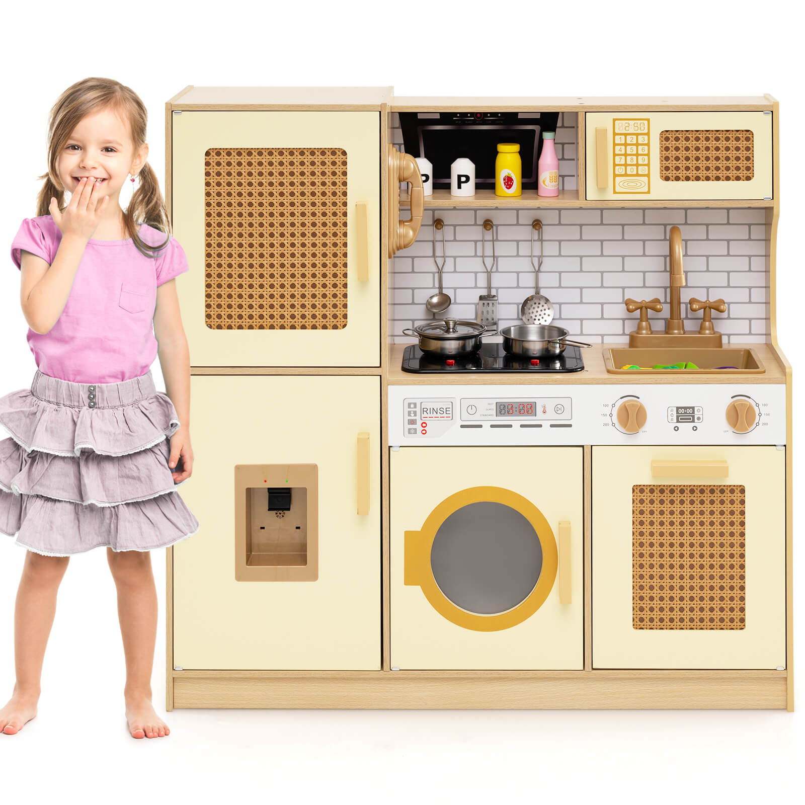 Wooden Kids Kitchen Playset with Sounds and Stove and Accessories-Yellow