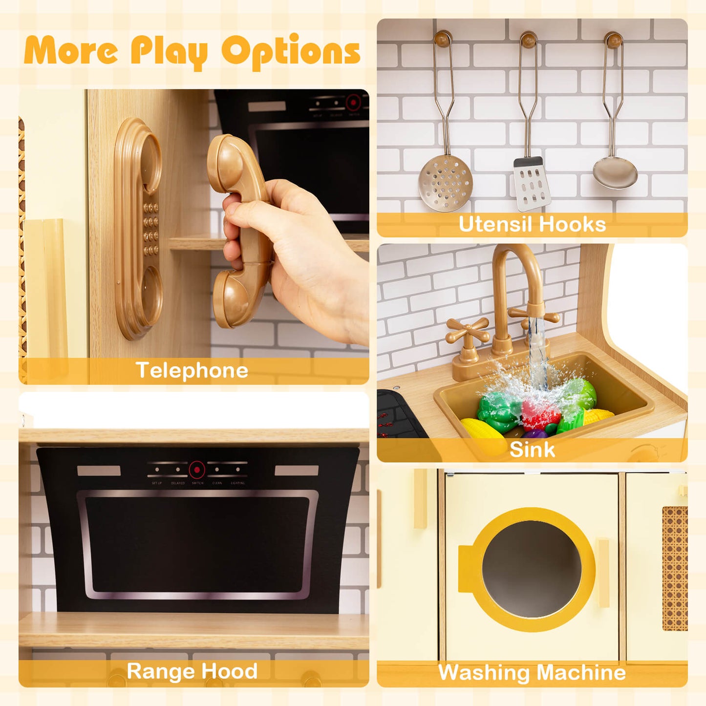 Wooden Kids Kitchen Playset with Sounds and Stove and Accessories-Yellow