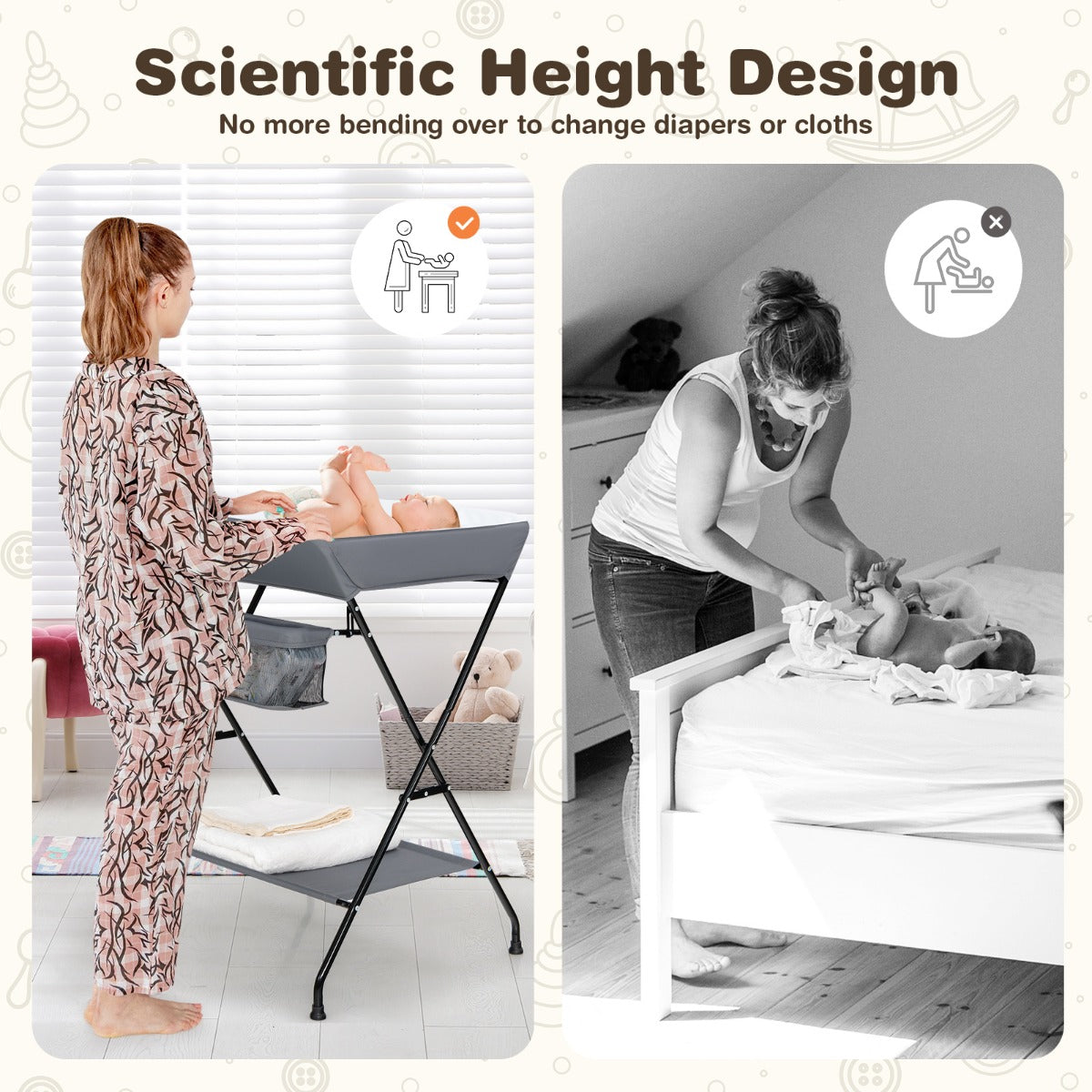 Costway Folding Baby Change Table with Storage Basket &amp; Shelf for Infant &amp; Toddler-Grey