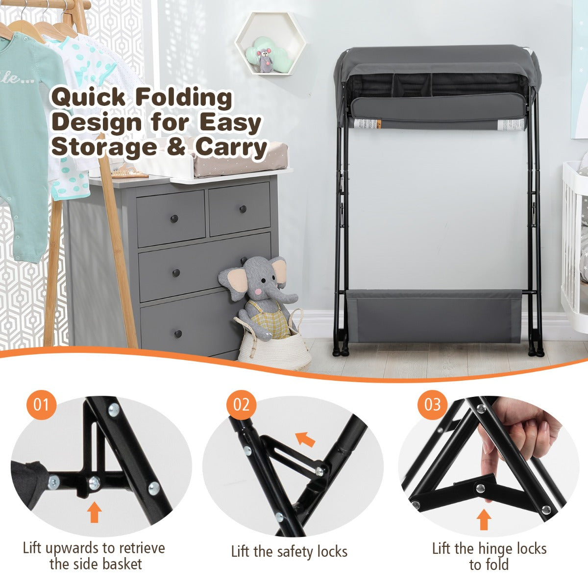 Costway Folding Baby Change Table with Storage Basket &amp; Shelf for Infant &amp; Toddler-Grey