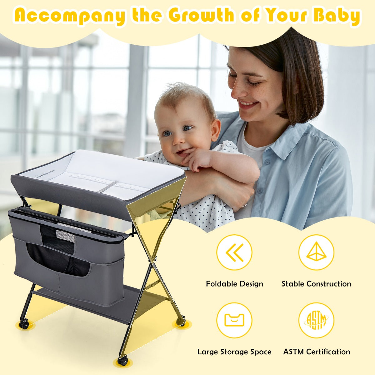 Foldable Baby Changing Table with 4 Adjustable Heights-Grey
