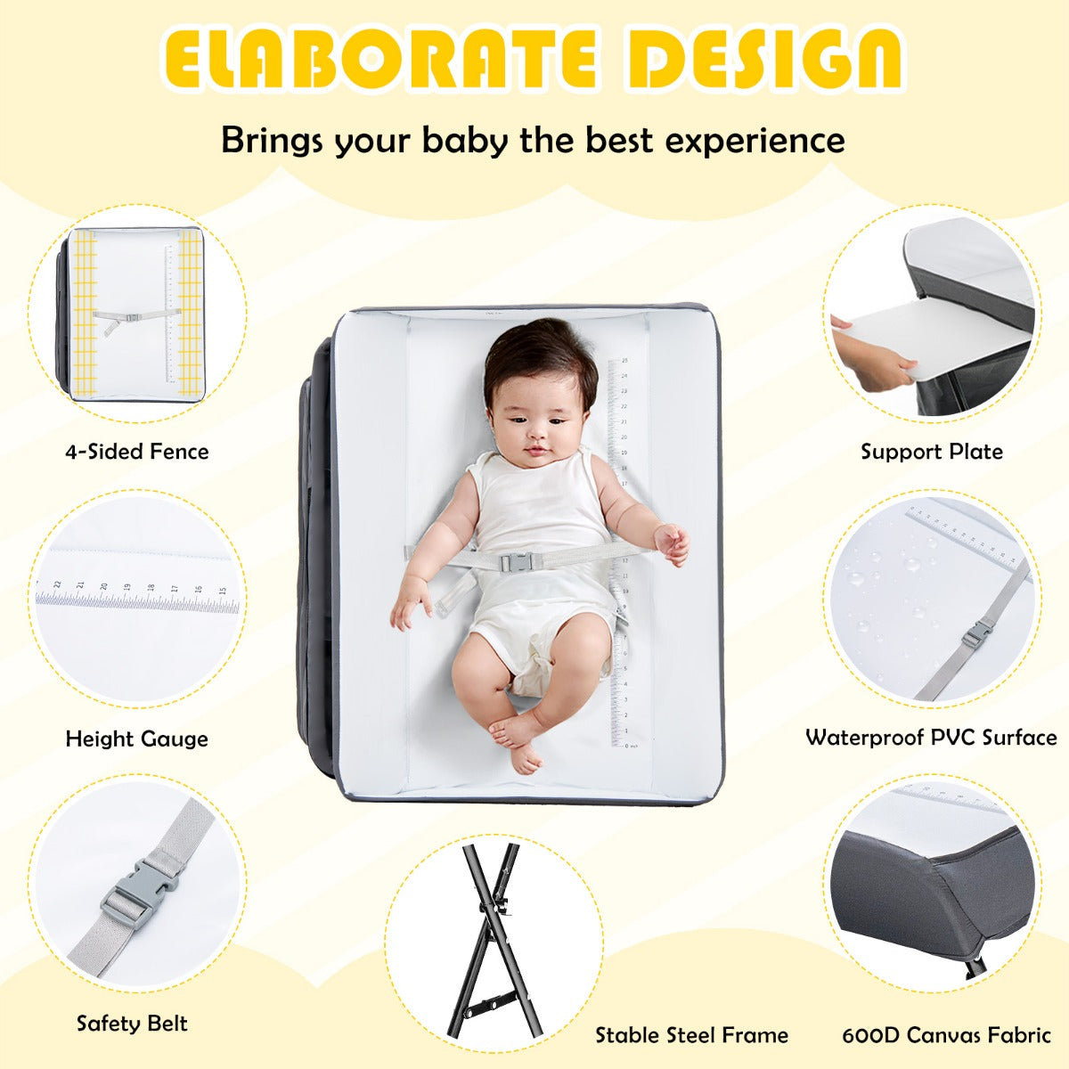 Foldable Baby Changing Table with 4 Adjustable Heights-Grey