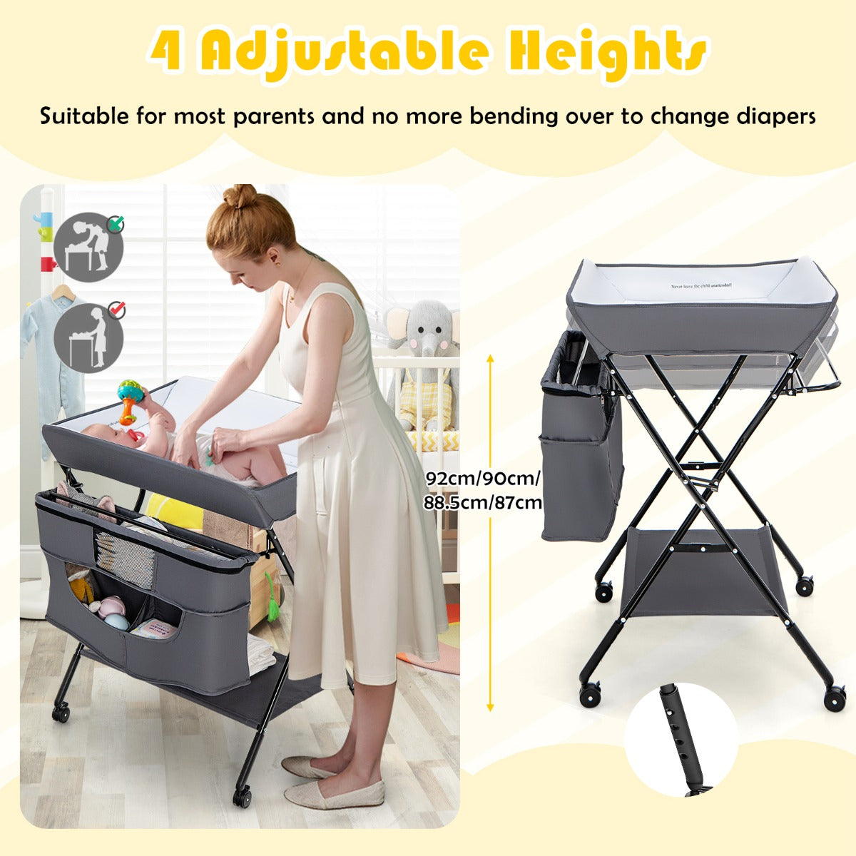 Foldable Baby Changing Table with 4 Adjustable Heights-Grey