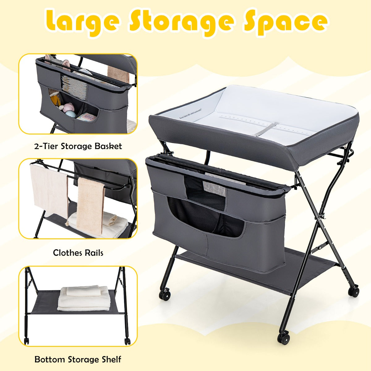 Foldable Baby Changing Table with 4 Adjustable Heights-Grey