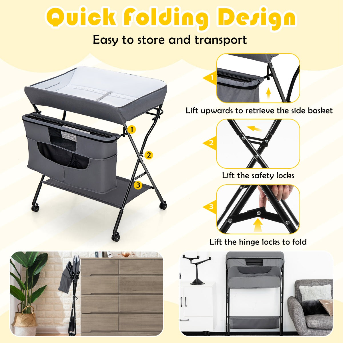 Foldable Baby Changing Table with 4 Adjustable Heights-Grey