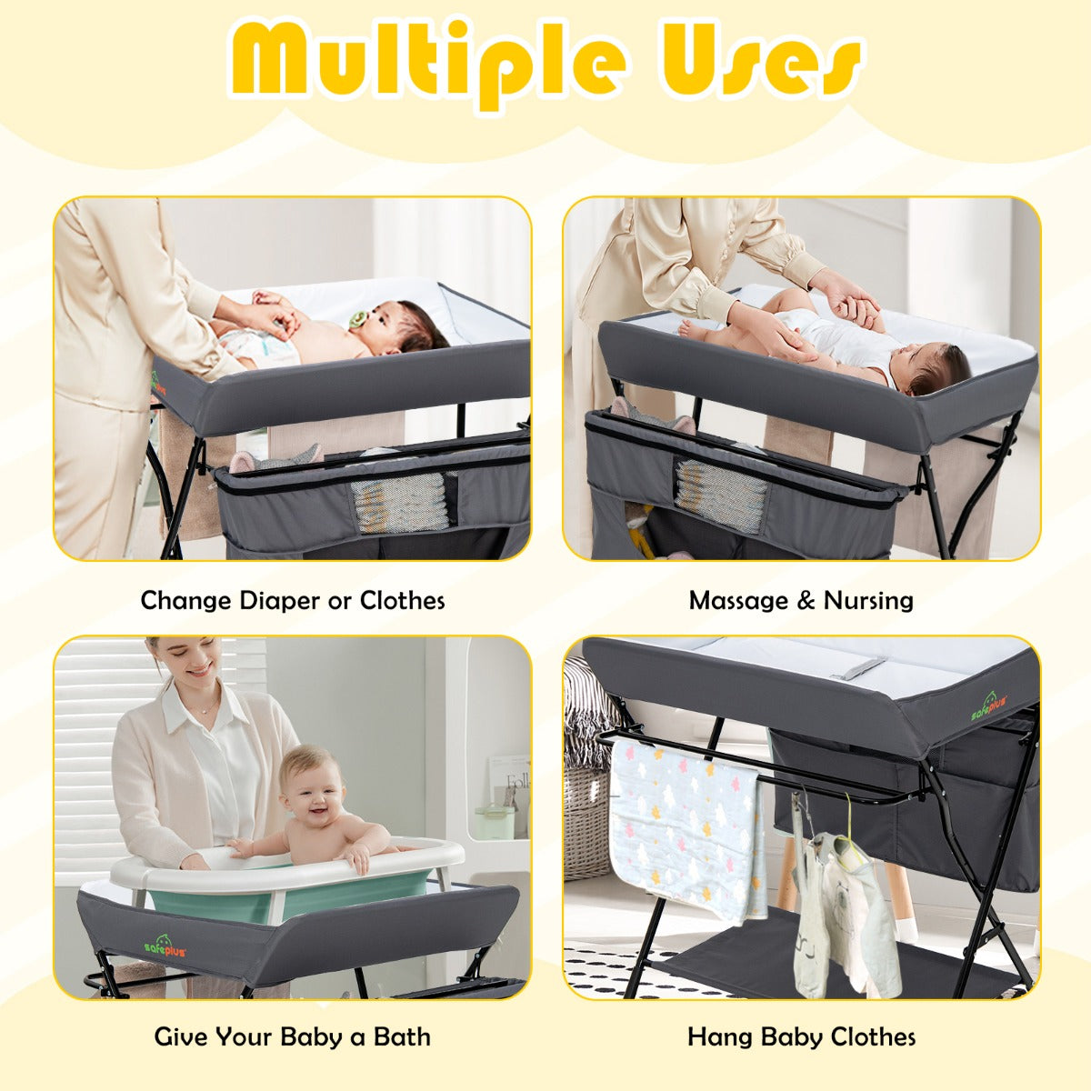 Foldable Baby Changing Table with 4 Adjustable Heights-Grey