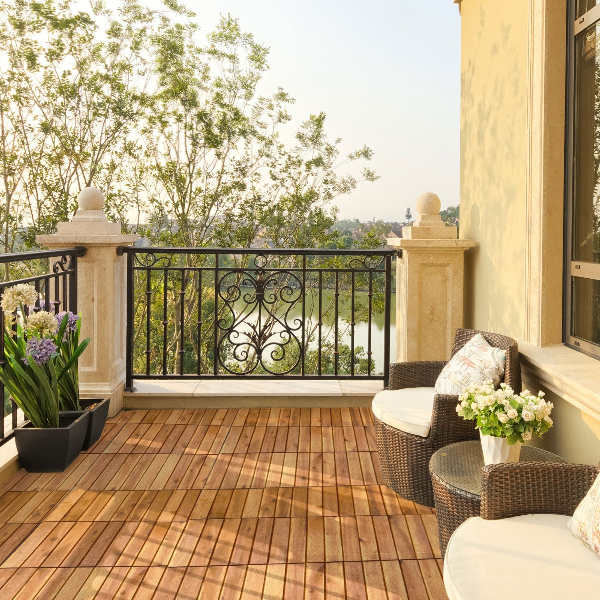 27 Pieces Acacia Wood Interlocking Patio Deck Tile Indoor Outdoor-Type B