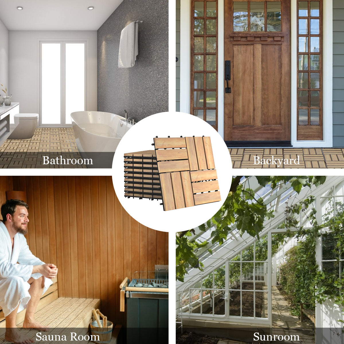 10-Piece Acacia Wood Interlocking Deck Tiles, 0.3x0.3m for Indoor & Outdoor Use