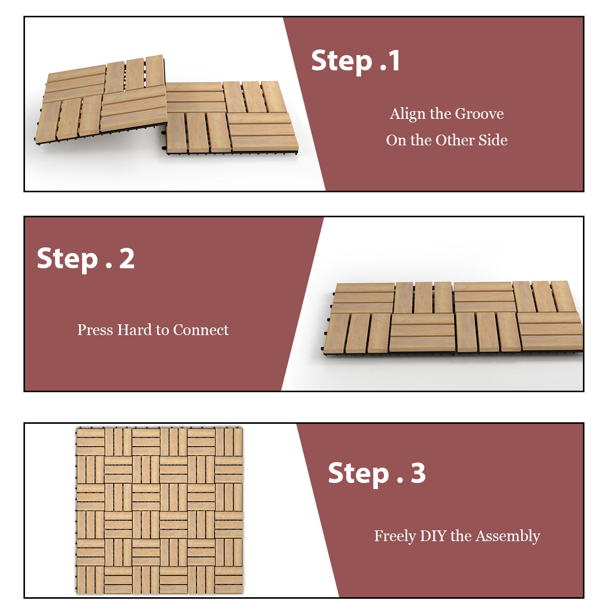 10-Piece Acacia Wood Interlocking Deck Tiles, 0.3x0.3m for Indoor & Outdoor Use