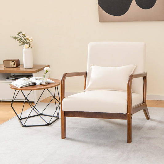 Costway Modern Accent Chair with Rubber Wood Frame for Living Room Bedroom Sunroom-Beige