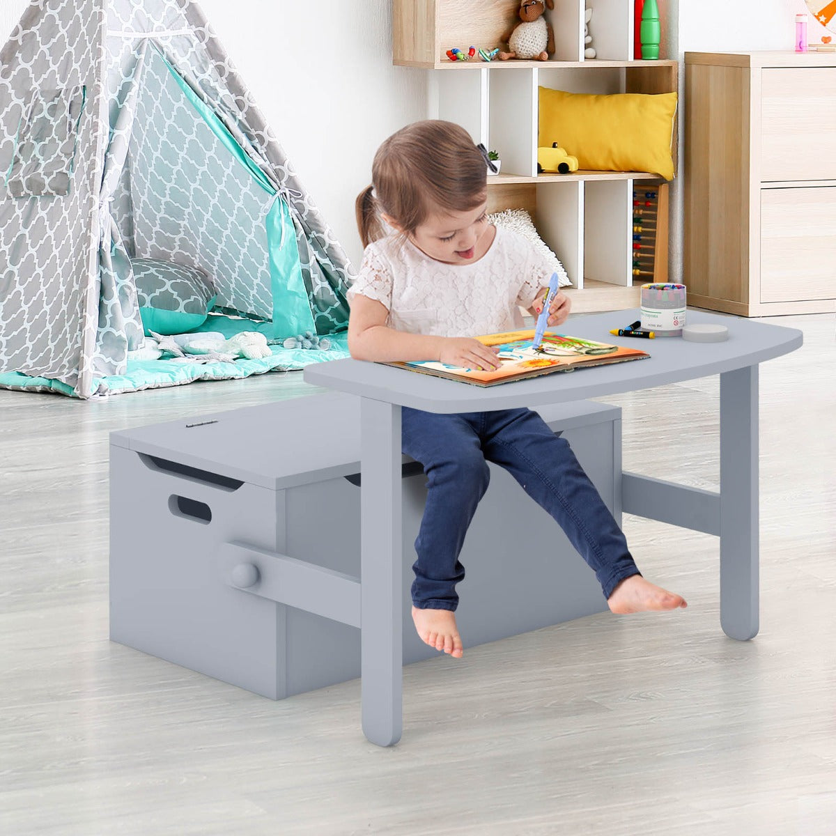 Costway Kids Convertible Activity Bench Table with Toy Storage Box for Kindergarten Art Playroom-Grey