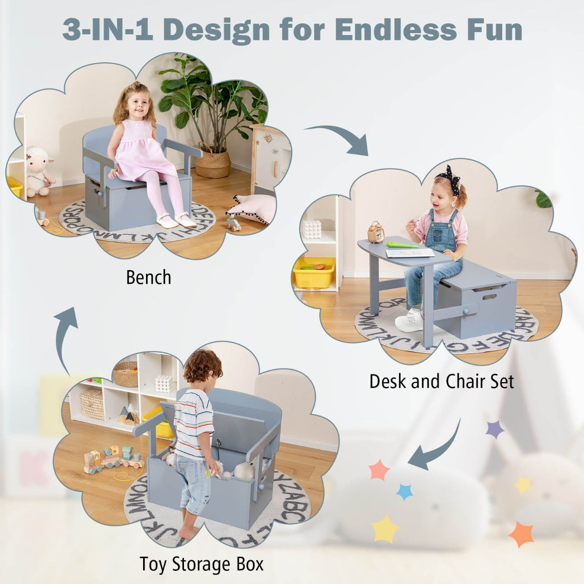 Costway Kids Convertible Activity Bench Table with Toy Storage Box for Kindergarten Art Playroom-Grey