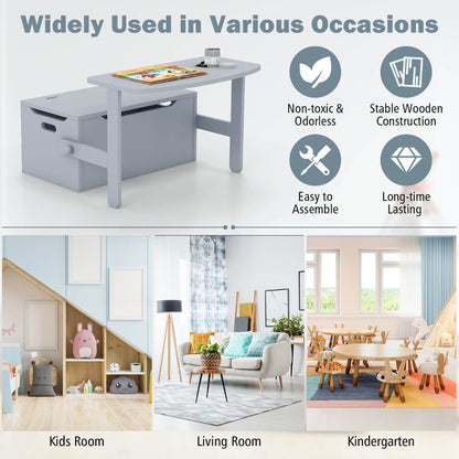 Costway Kids Convertible Activity Bench Table with Toy Storage Box for Kindergarten Art Playroom-Grey