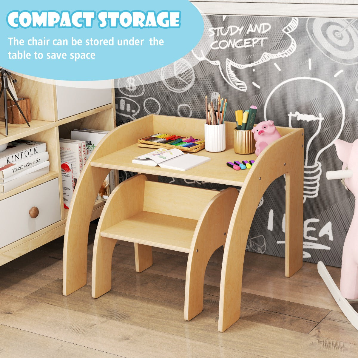 Cute Activity Kids Table and Chair Set with Wide Tabletop-Natural