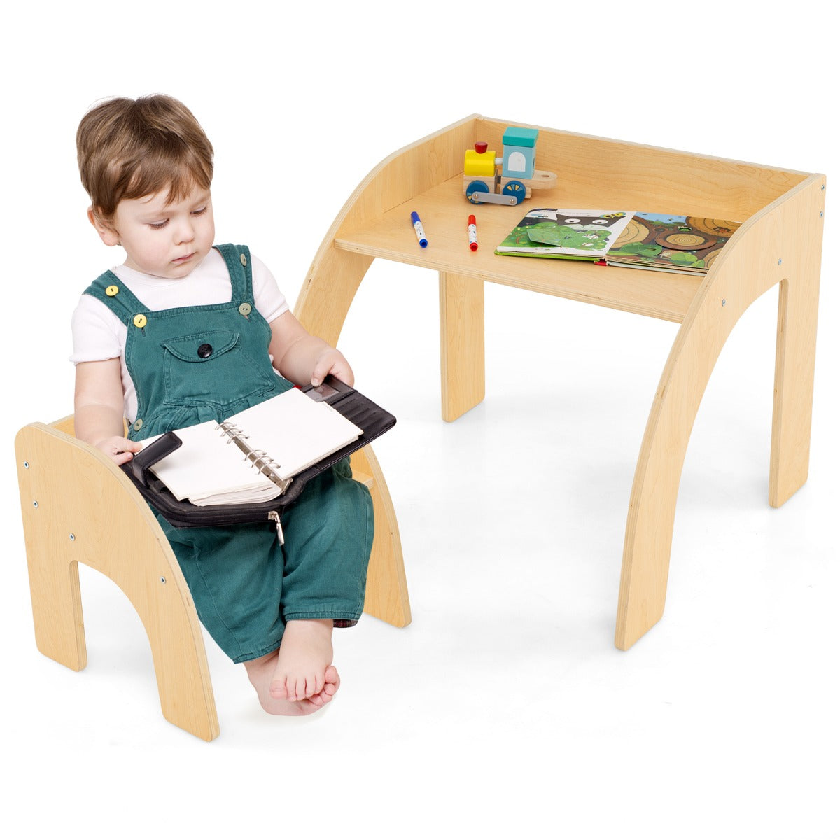 Cute Activity Kids Table and Chair Set with Wide Tabletop-Natural