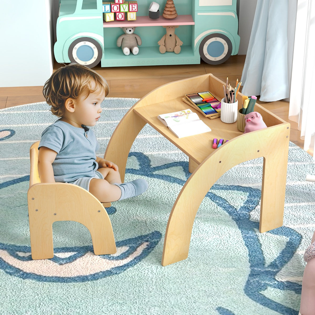 Cute Activity Kids Table and Chair Set with Wide Tabletop-Natural